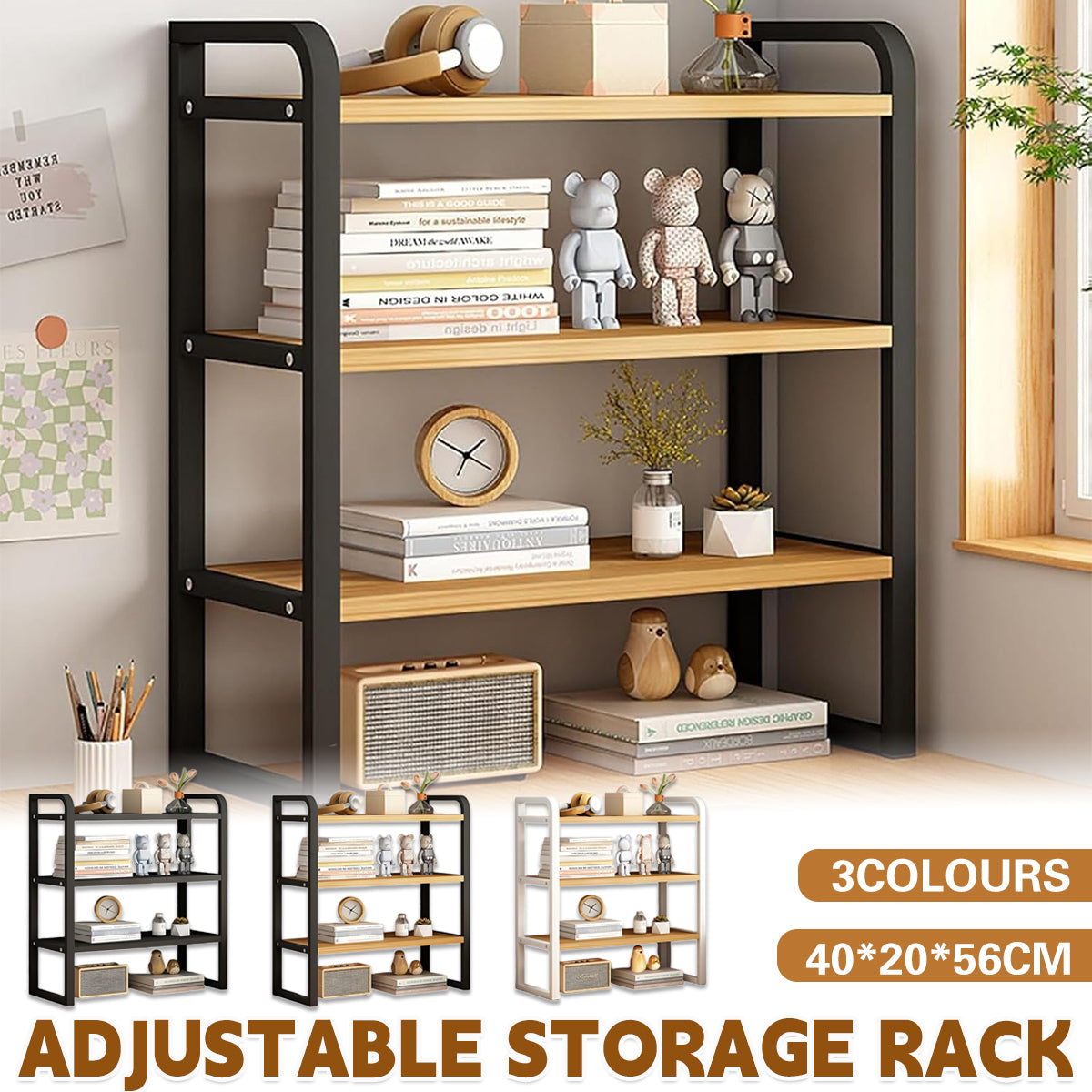 3-Tier Desktop Storage Rack Steel Frame for Books