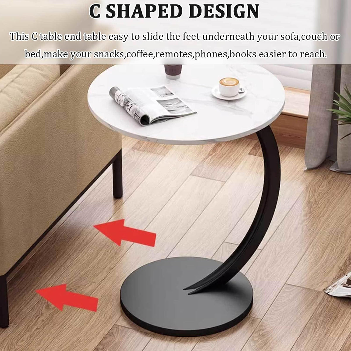 C-Shaped Side Table with Metal Frame for Sofa