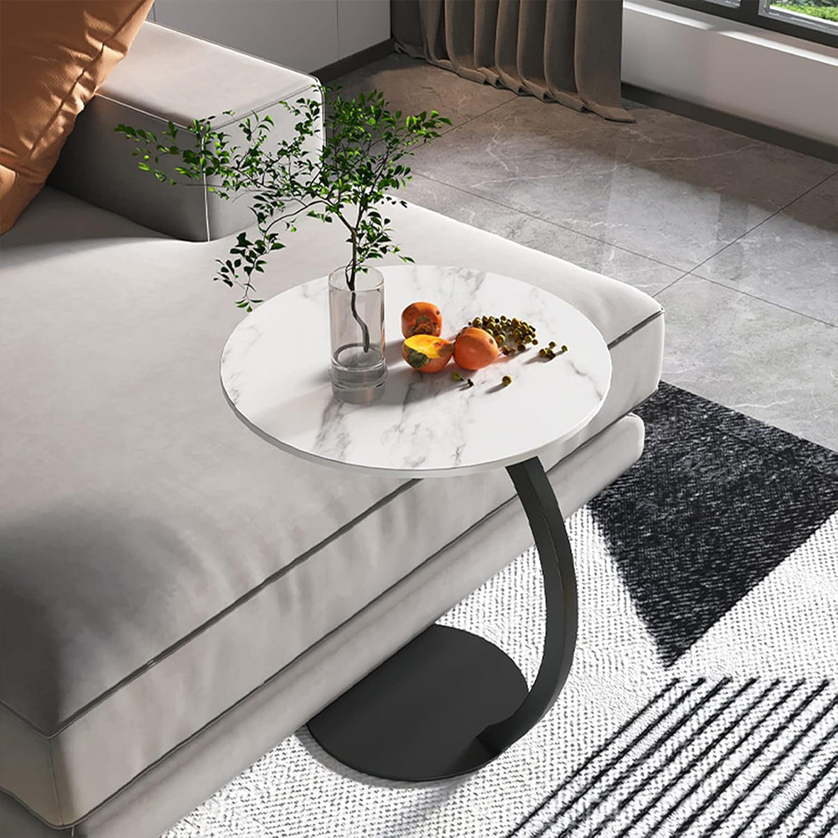 C-Shaped Side Table with Metal Frame for Sofa