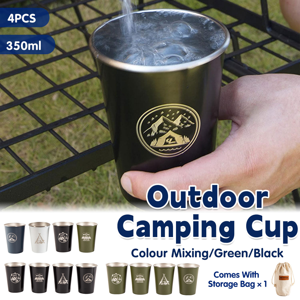 Set of 4 Outdoor 304 Stainless Steel Cups with Bag