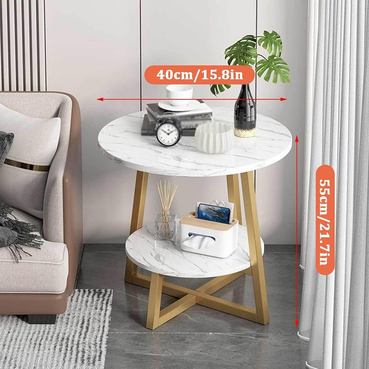 2 Tier Round Side Table White Marble Design Metal Frame