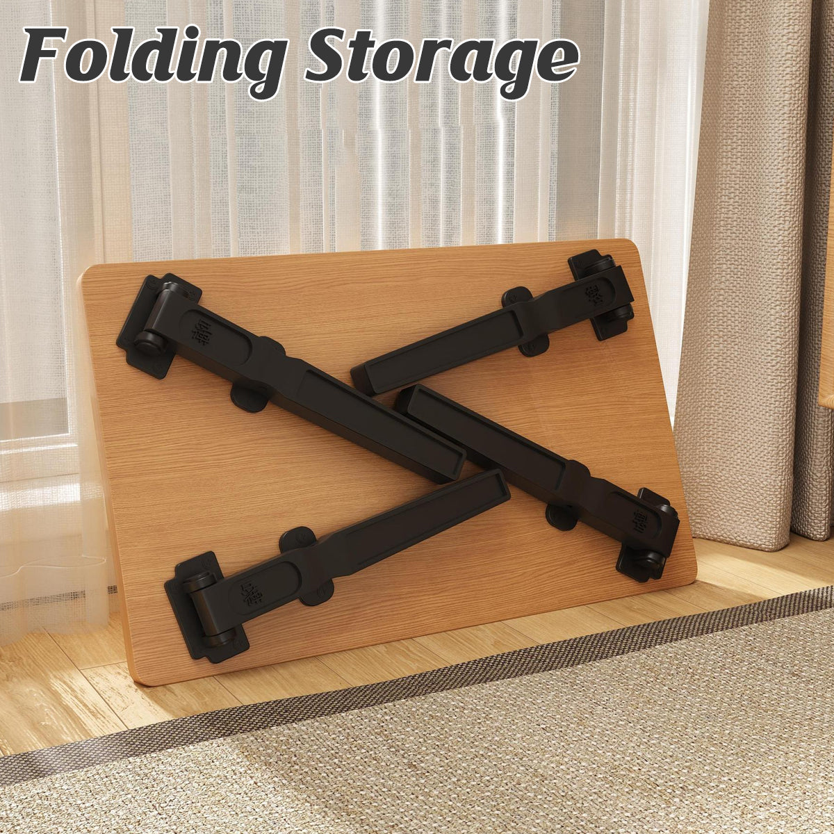 Foldable Small Square Table with Light Wood Top and Metal Legs