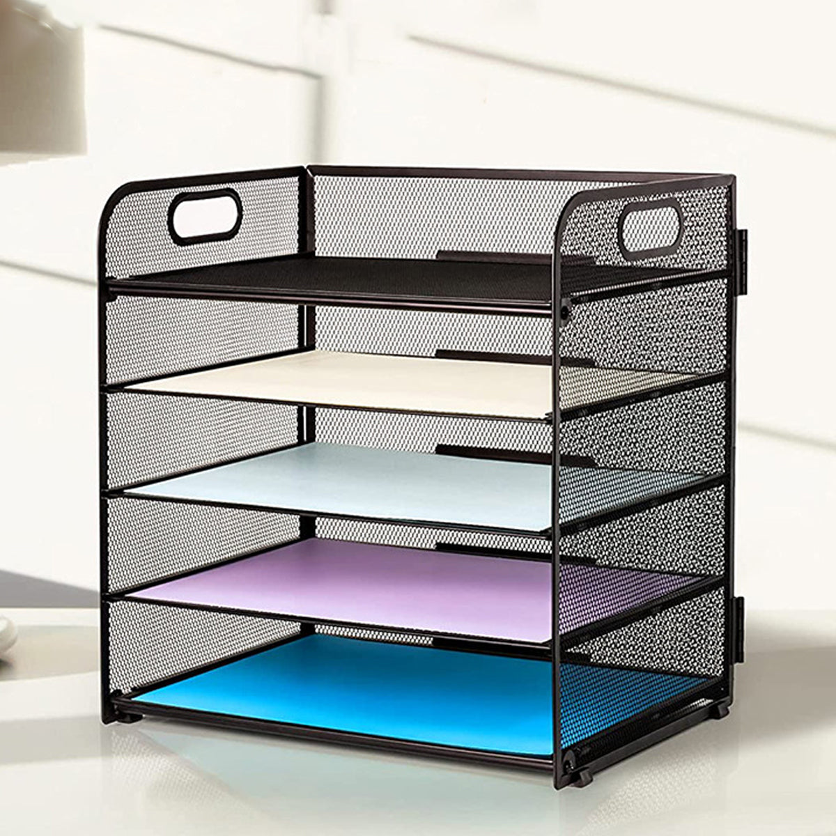 5-Tier Mesh Desk File Organizer with Handles Document Storage Rack