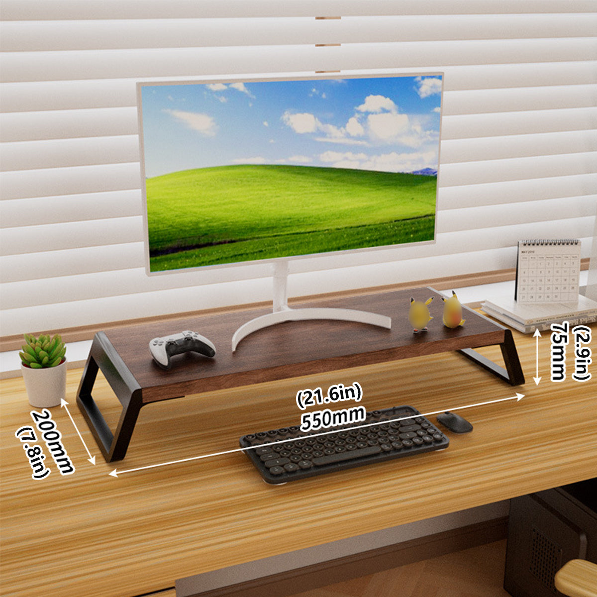 Computer Monitor Riser with Hidden Storage Wood Top Metal