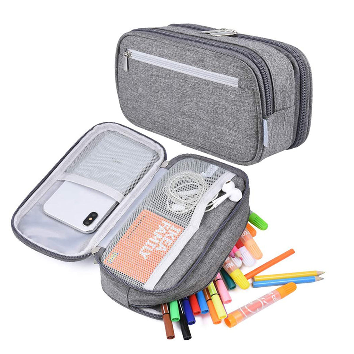 2 Pcs Large Capacity Pencil Case Waterproof 3 Layer Black Grey