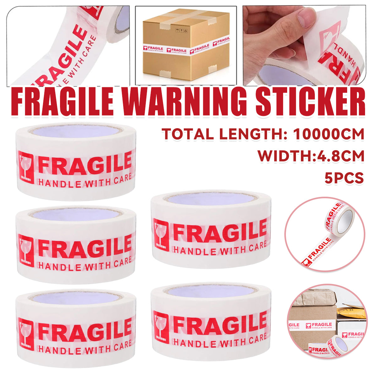 5 Rolls Fragile Warning Tape for Shipping Boxes
