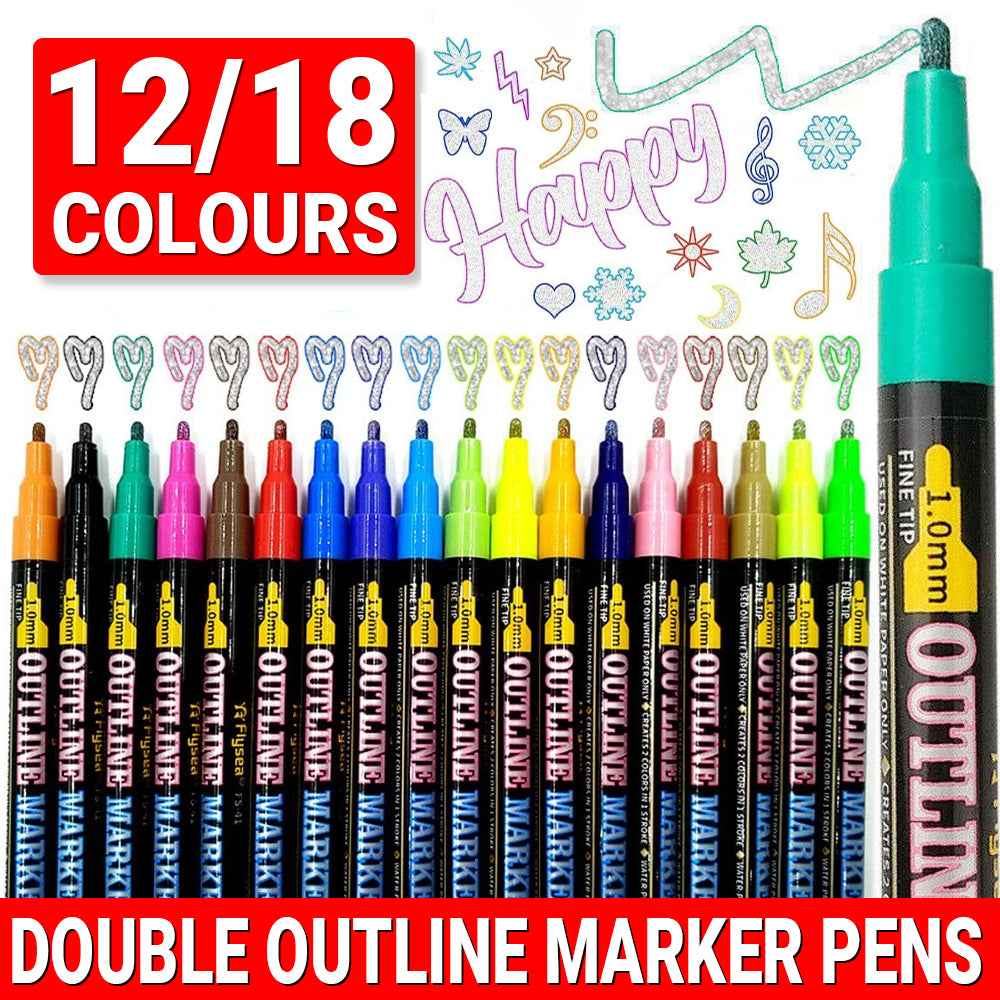 12/18 Pcs Flysea Double Line Outline Pens Assorted Colours