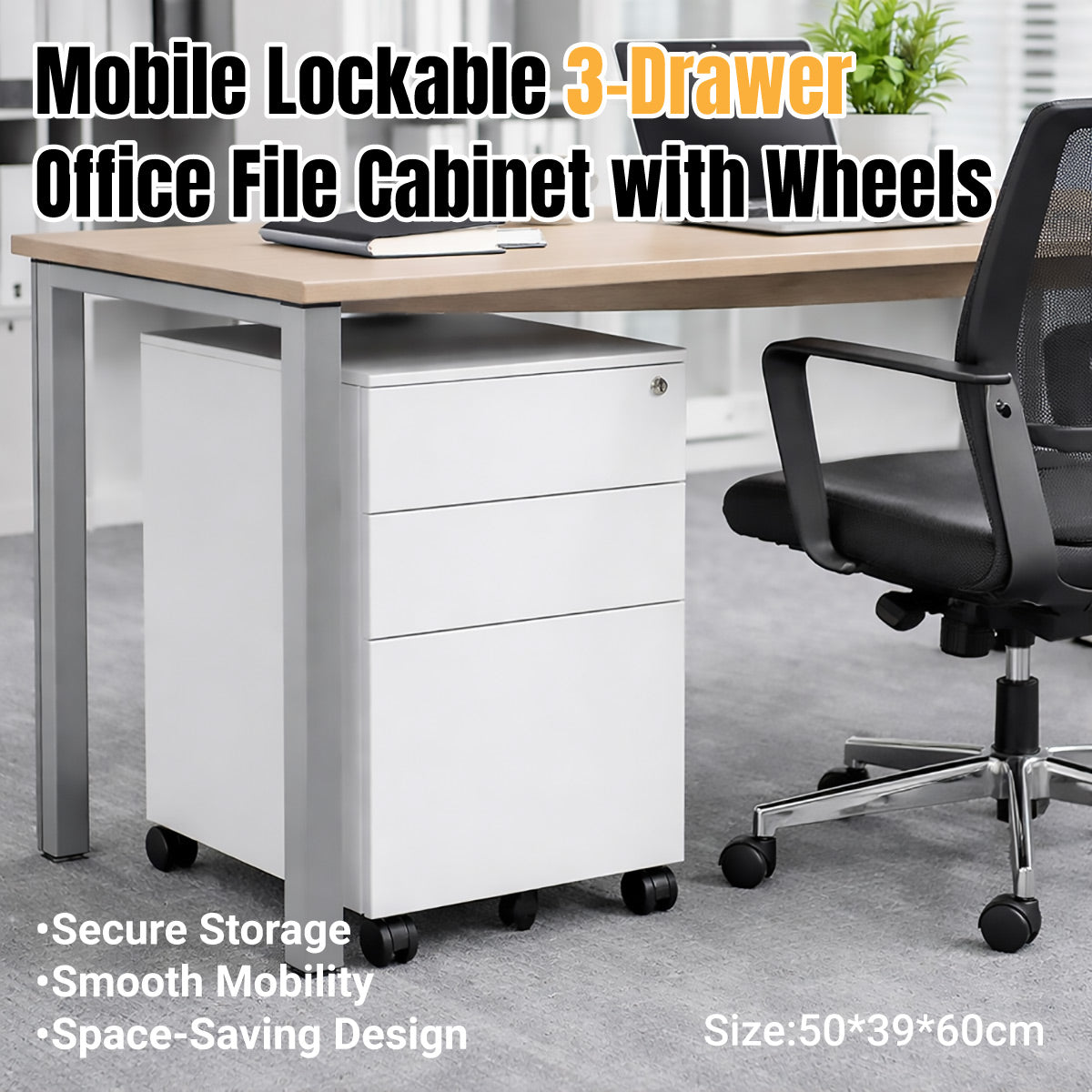 3-Tier Under Desk Storage Cabinet Lockable Drawer