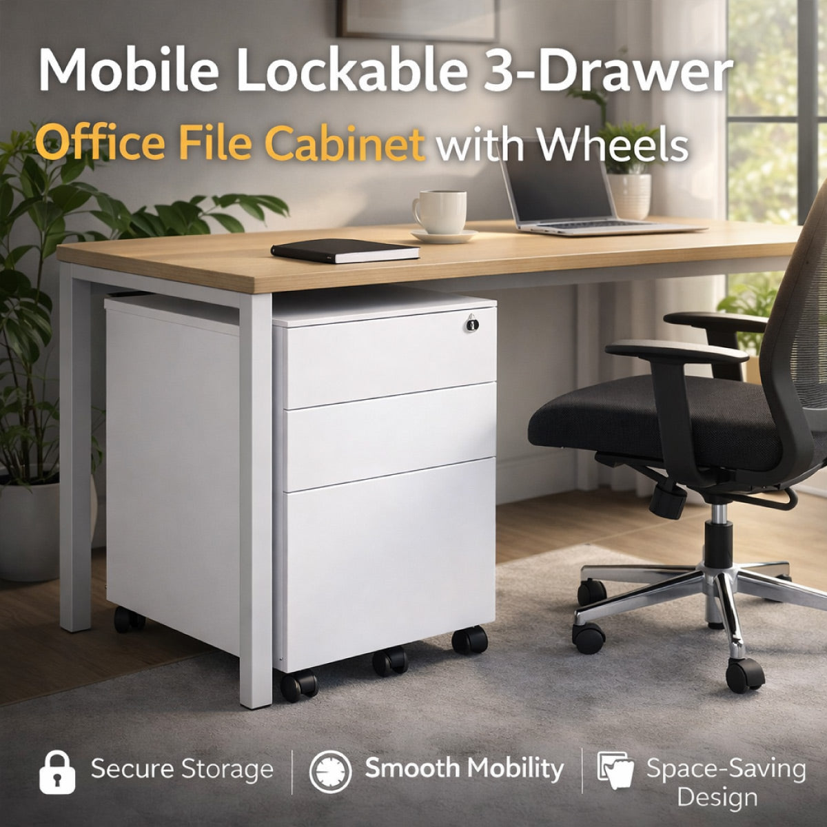 3-Tier Under Desk Storage Cabinet Lockable Drawer