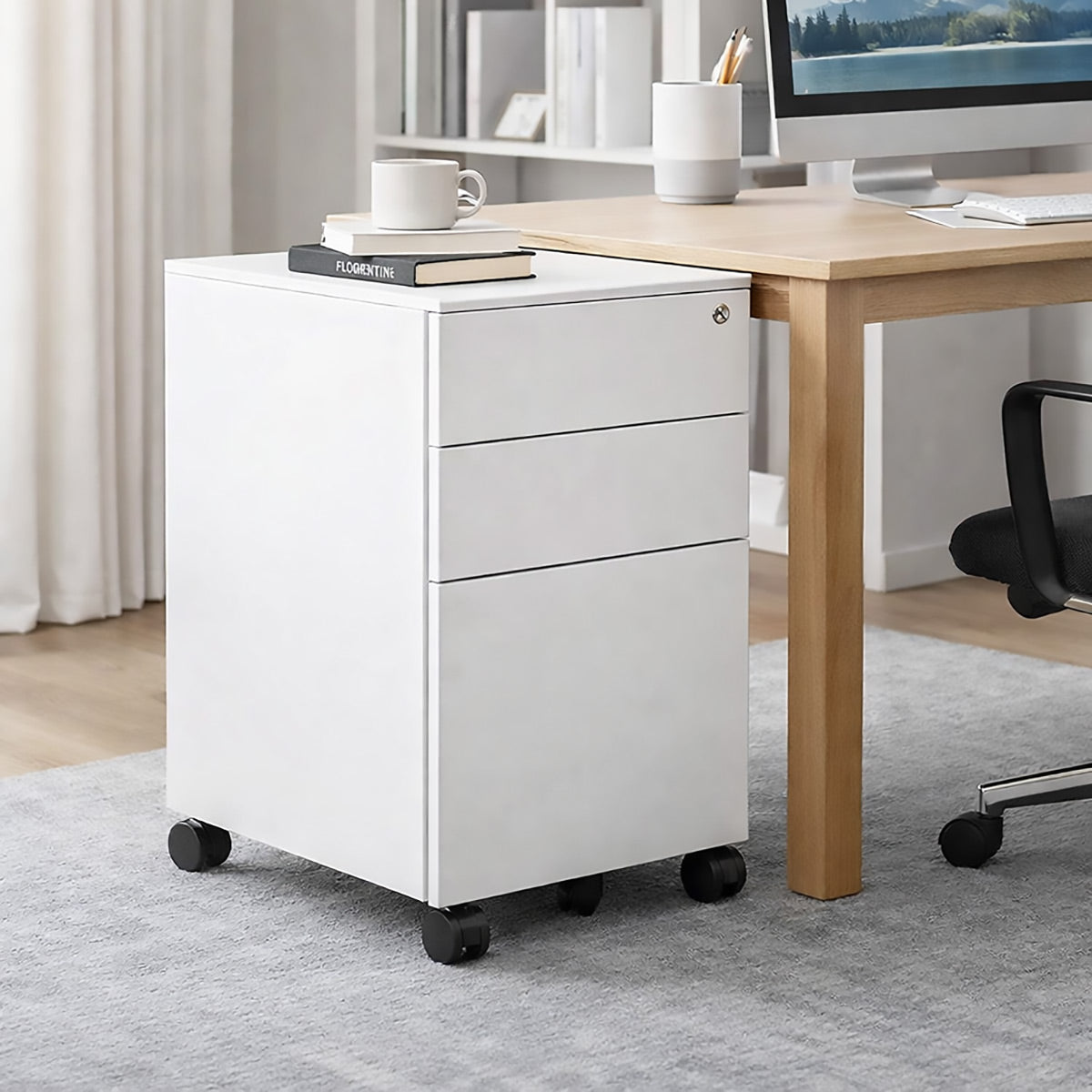 3-Tier Under Desk Storage Cabinet Lockable Drawer