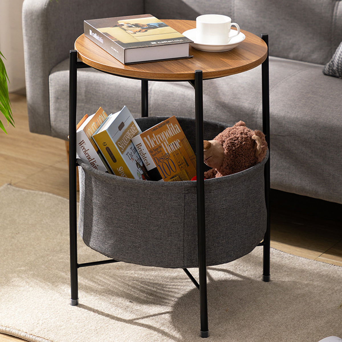 Round Side Table with Storage Basket for Breakroom and Living Room
