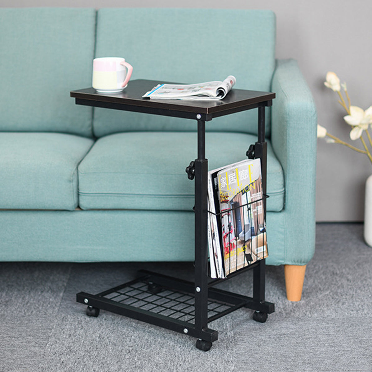 Mobile Adjustable Side Table with Storage Basket and Shelf