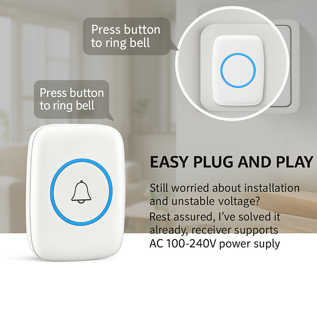 Wireless Doorbell Kit Waterproof with 38 Melodies