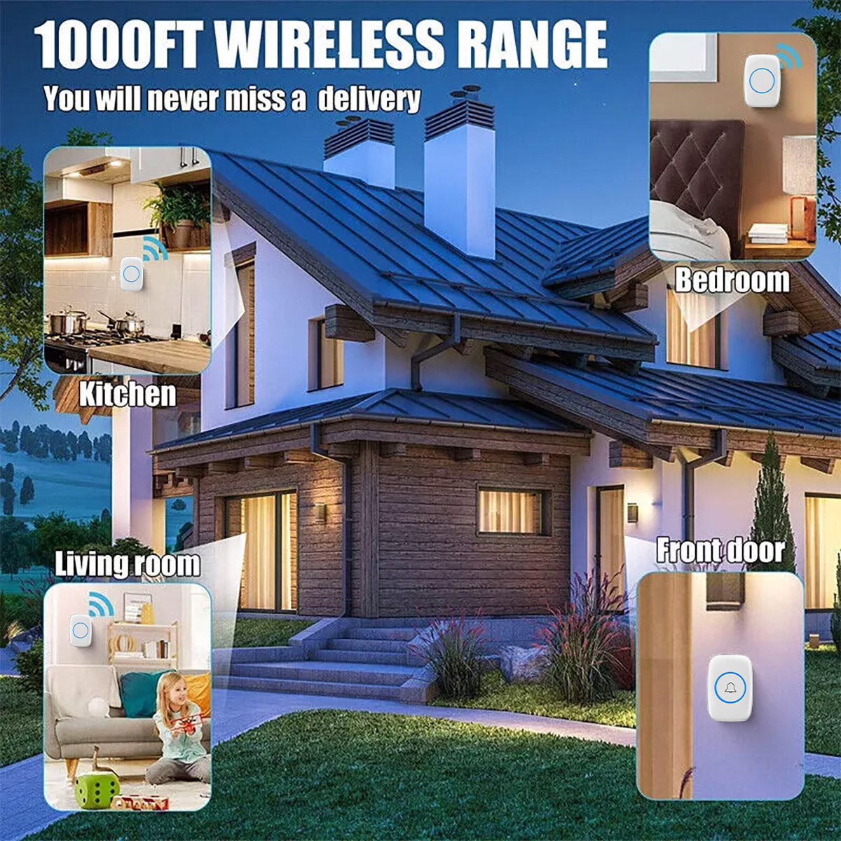 Wireless Doorbell Kit Waterproof with 38 Melodies