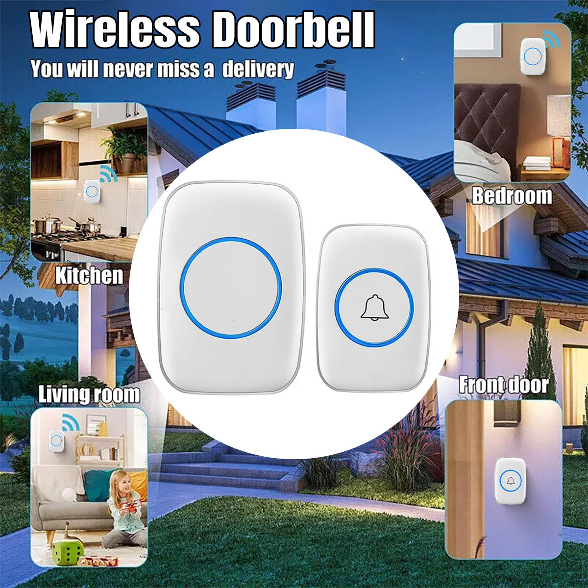 Wireless Doorbell Kit Waterproof with 38 Melodies