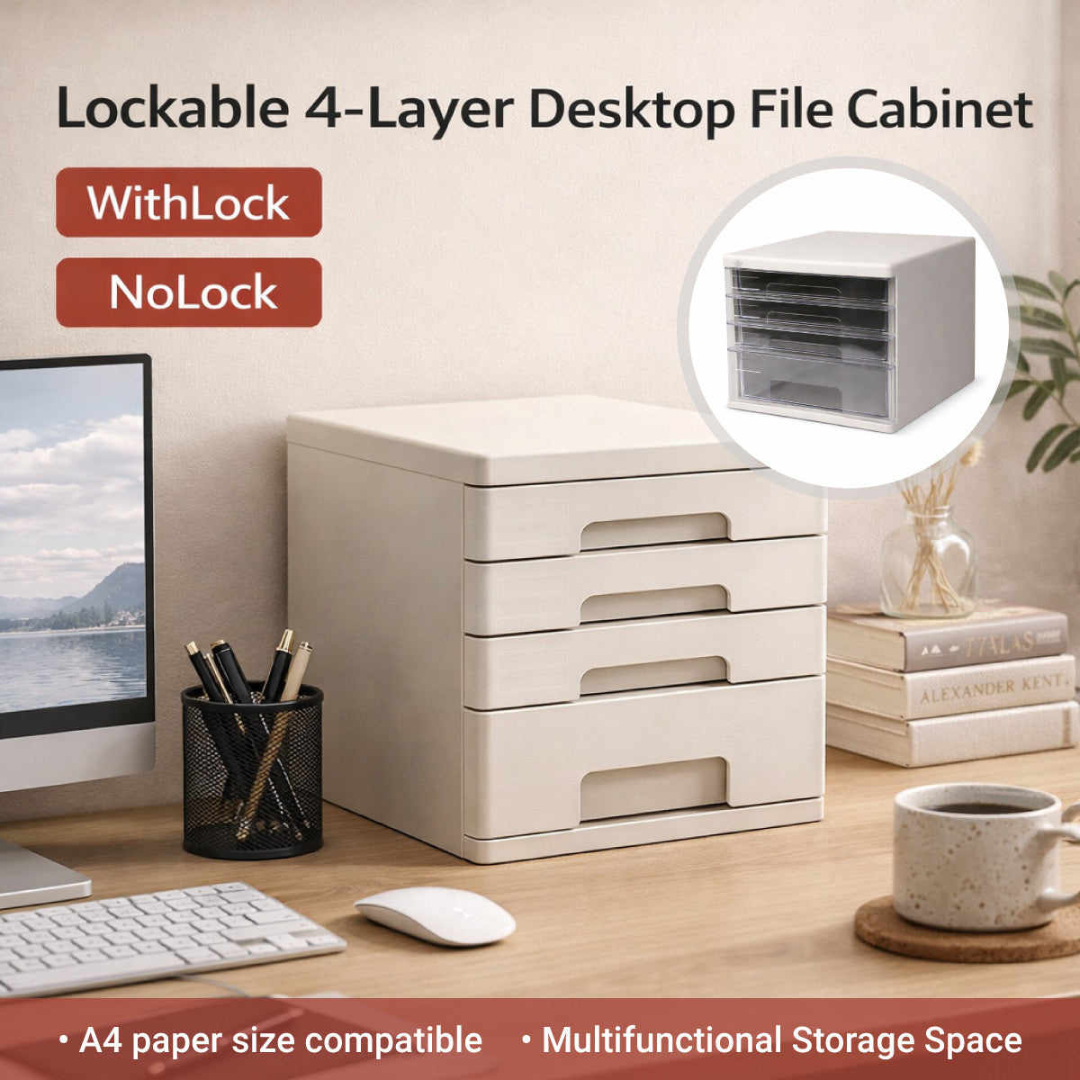 4-Tier Slim Filing Cabinet for Desktop A4 Letter Storage