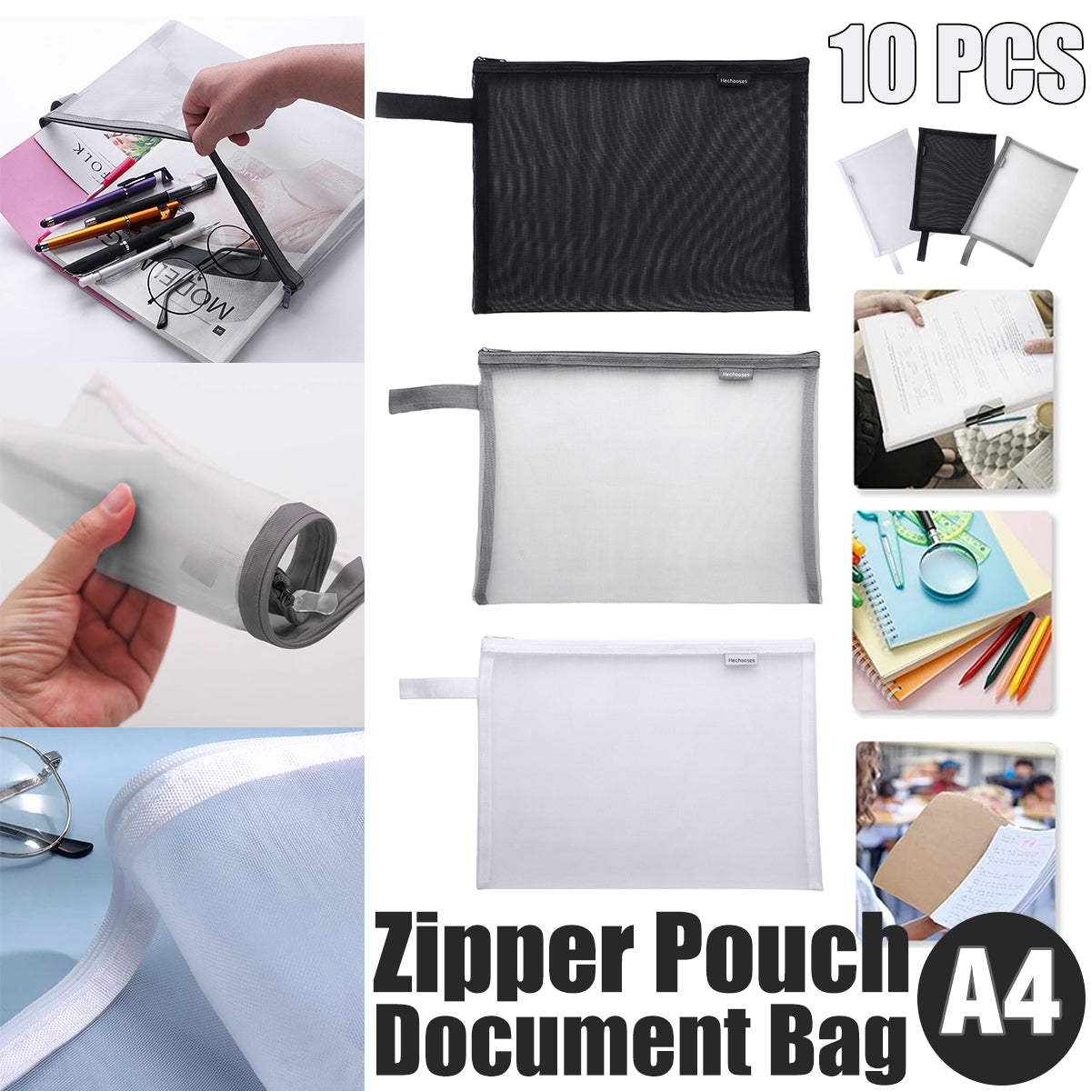 10 Pcs Mesh Zipper Document Bags Nylon Transparent 3 Colours