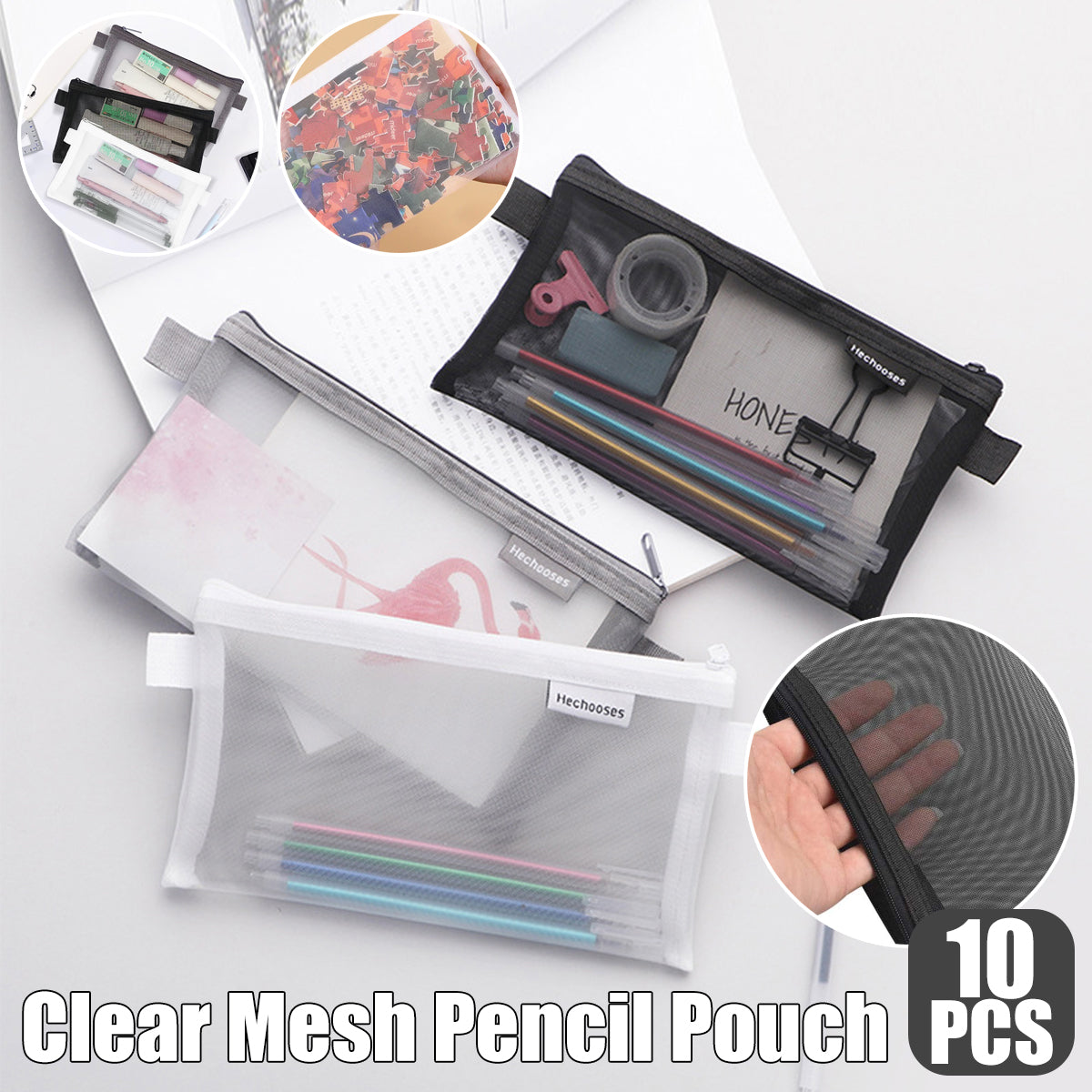 10 Pcs Clear Mesh Pencil Pouches Nylon Transparent 3 Colours