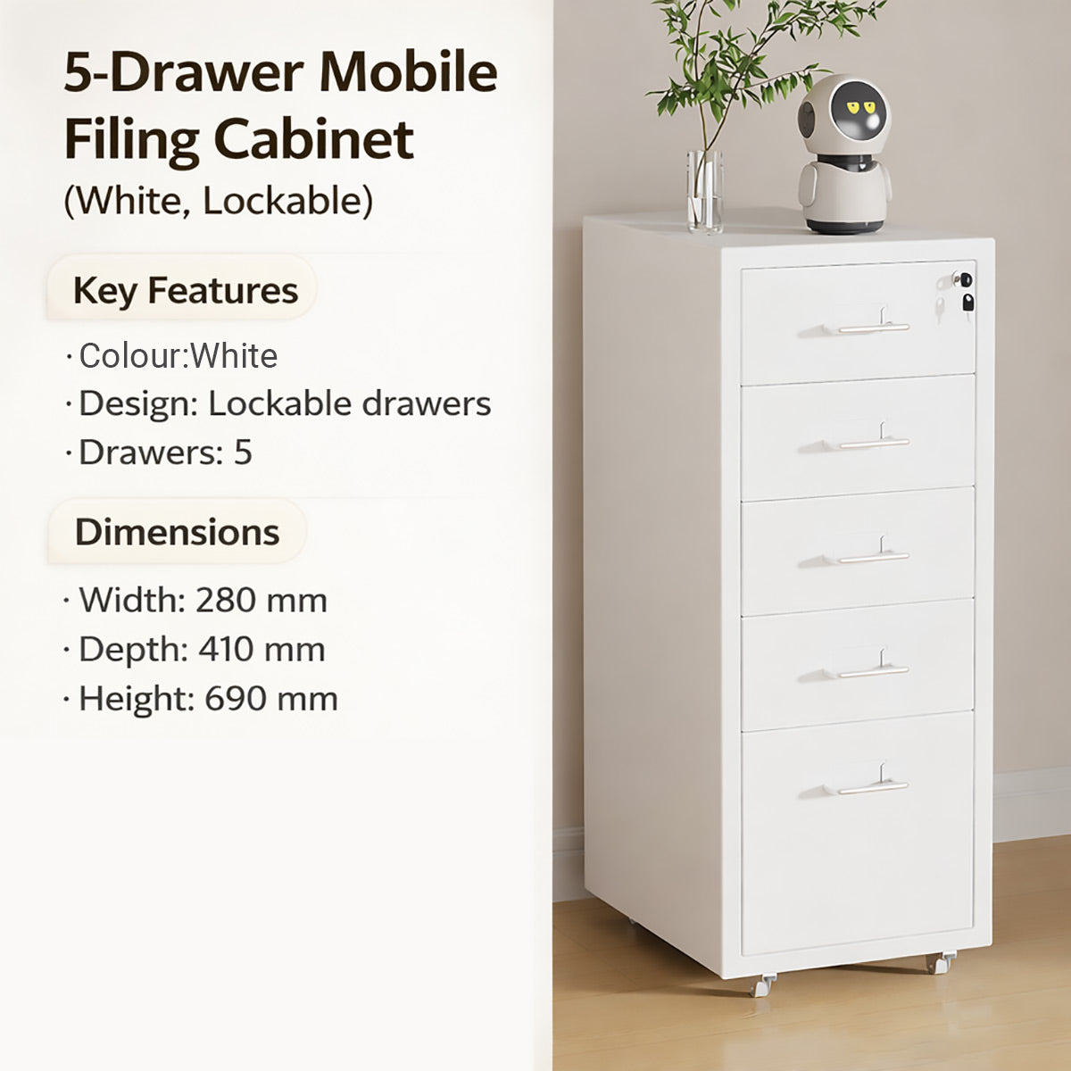 Lockable Mobile File Cabinet Steel for Home Office