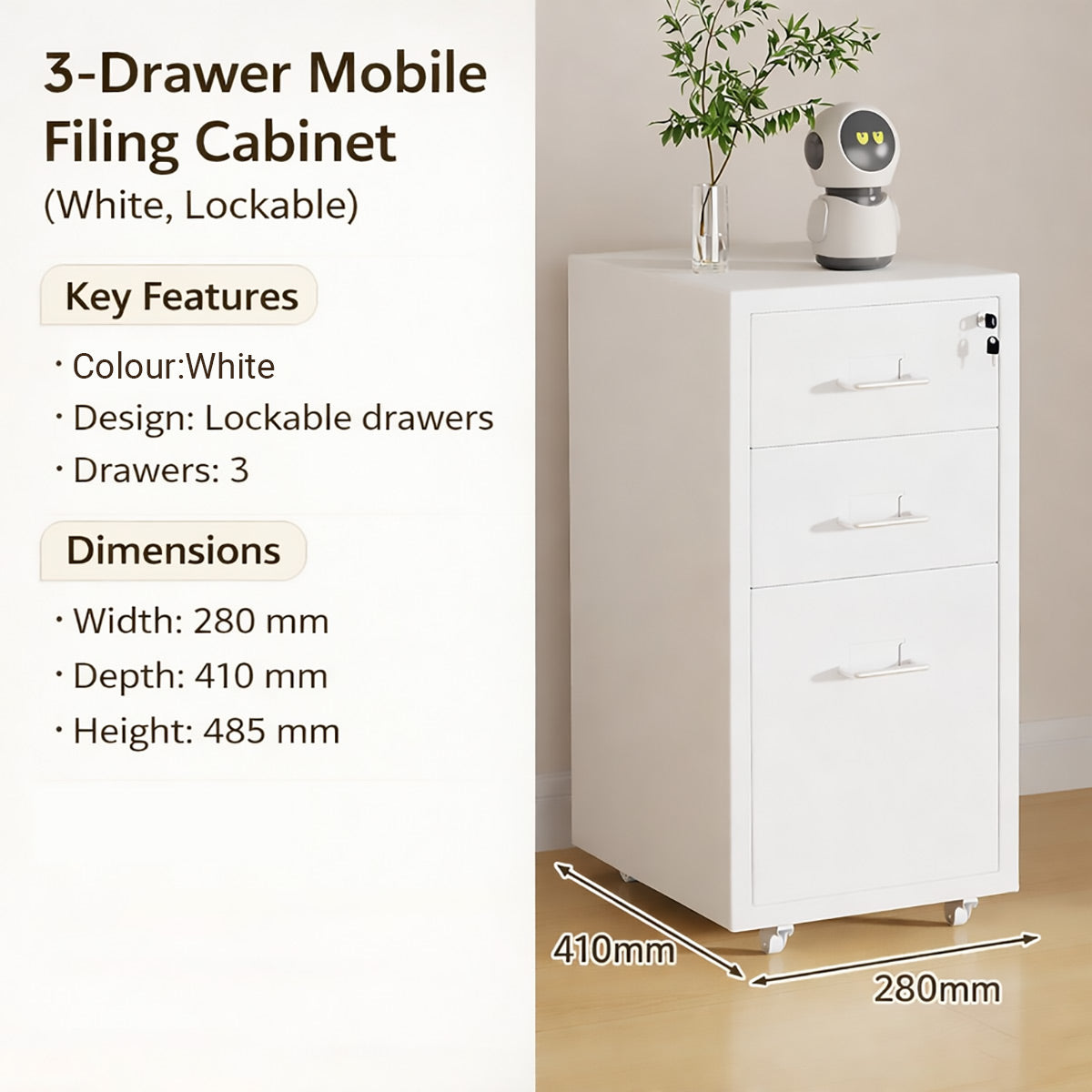Lockable Mobile File Cabinet Steel for Home Office