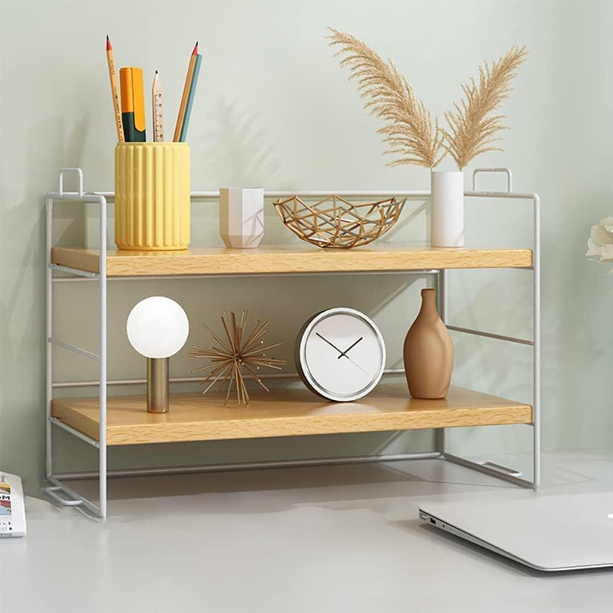 2-Tier Desktop Shelf Metal Frame and Wood Shelves