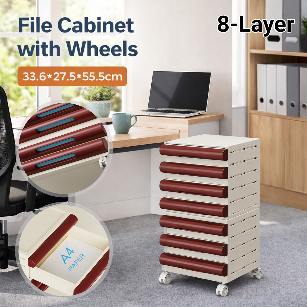 8-Tier Portable File Cabinet with Wheels for A4
