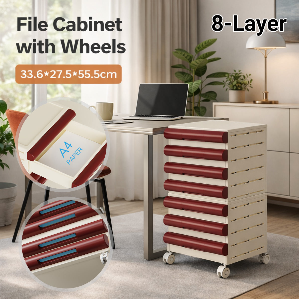 8-Tier Portable File Cabinet with Wheels for A4