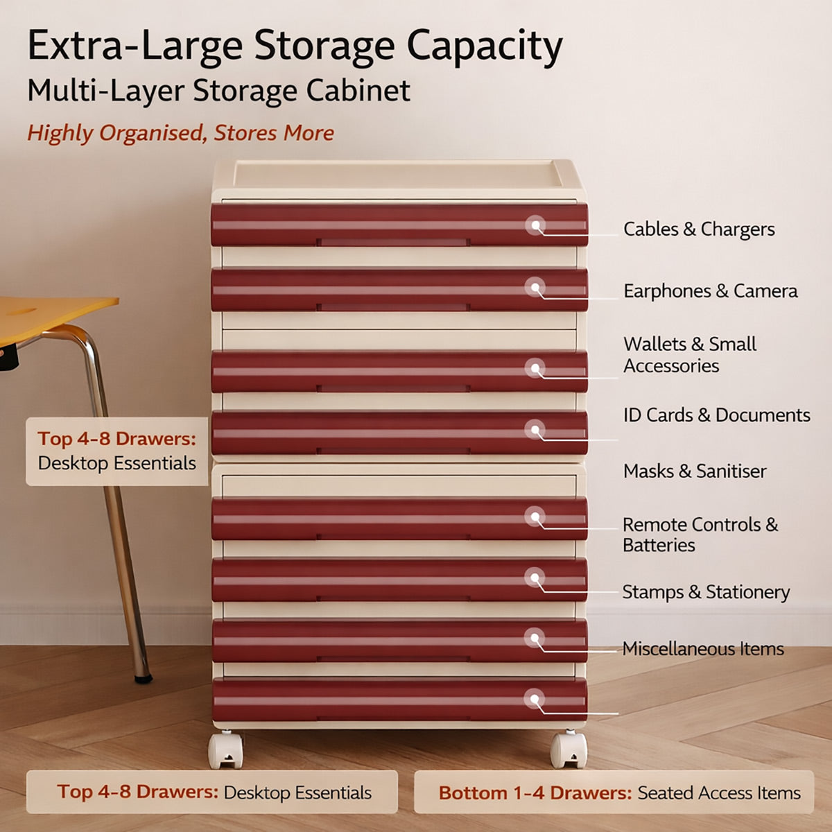 8-Tier Portable File Cabinet with Wheels for A4