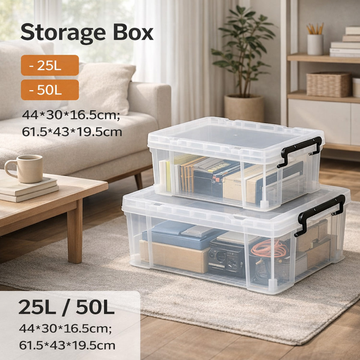 25L Clear Storage Box with Black Latches Handle