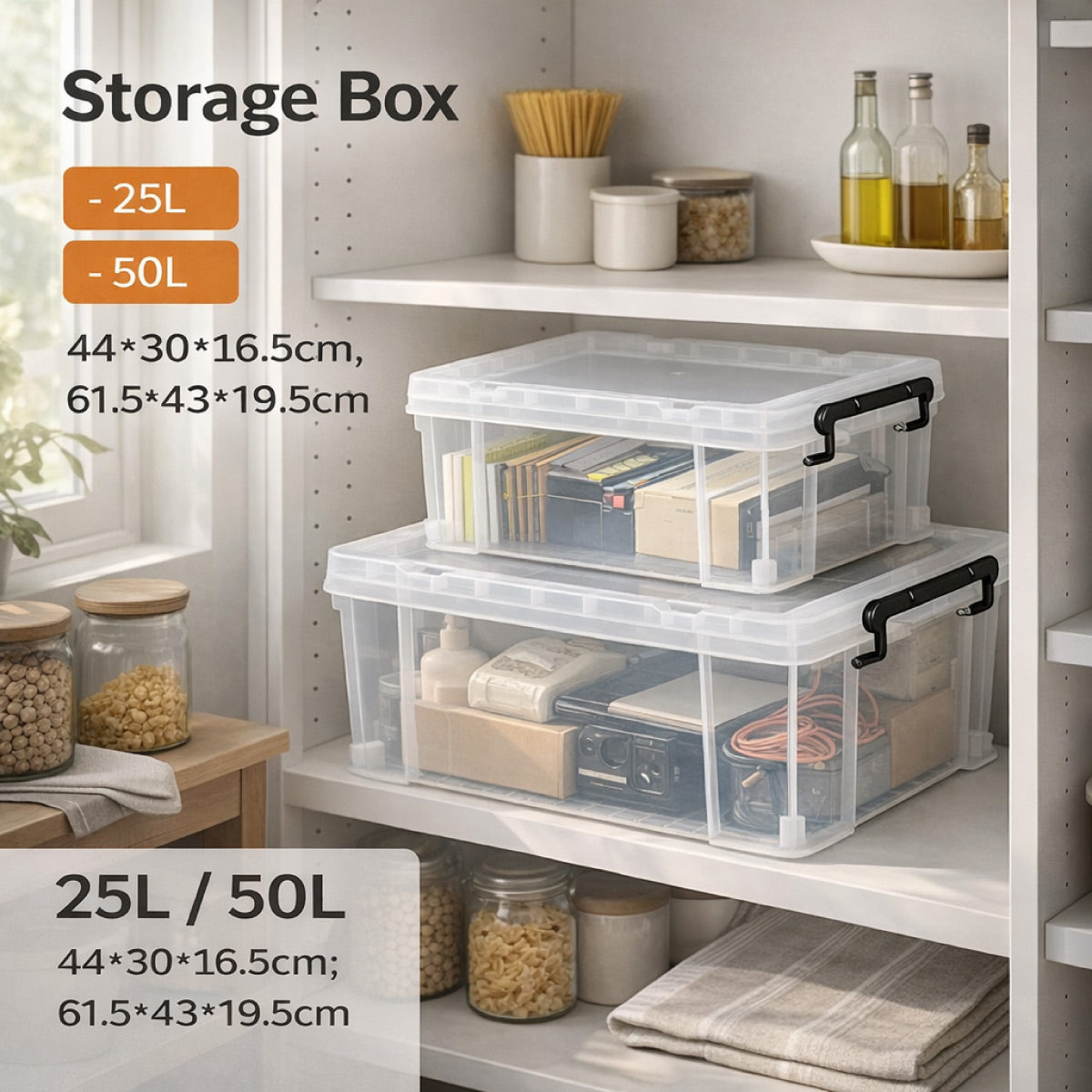 25L Clear Storage Box with Black Latches Handle