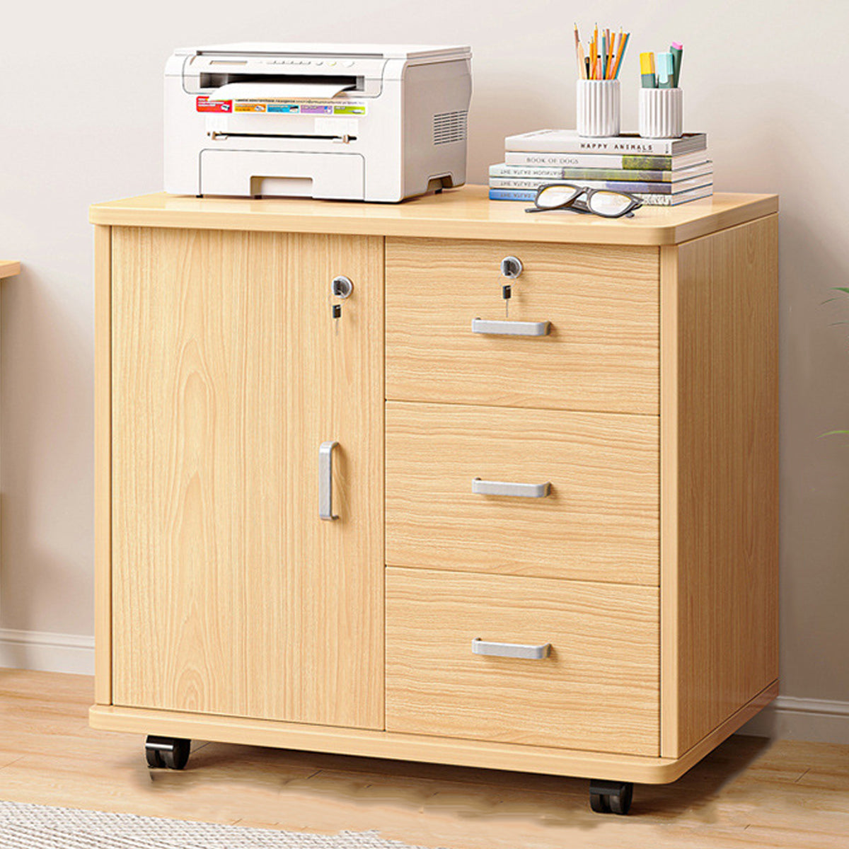 Movable Filing Cabinet with Wheels Locking Doors and Drawers