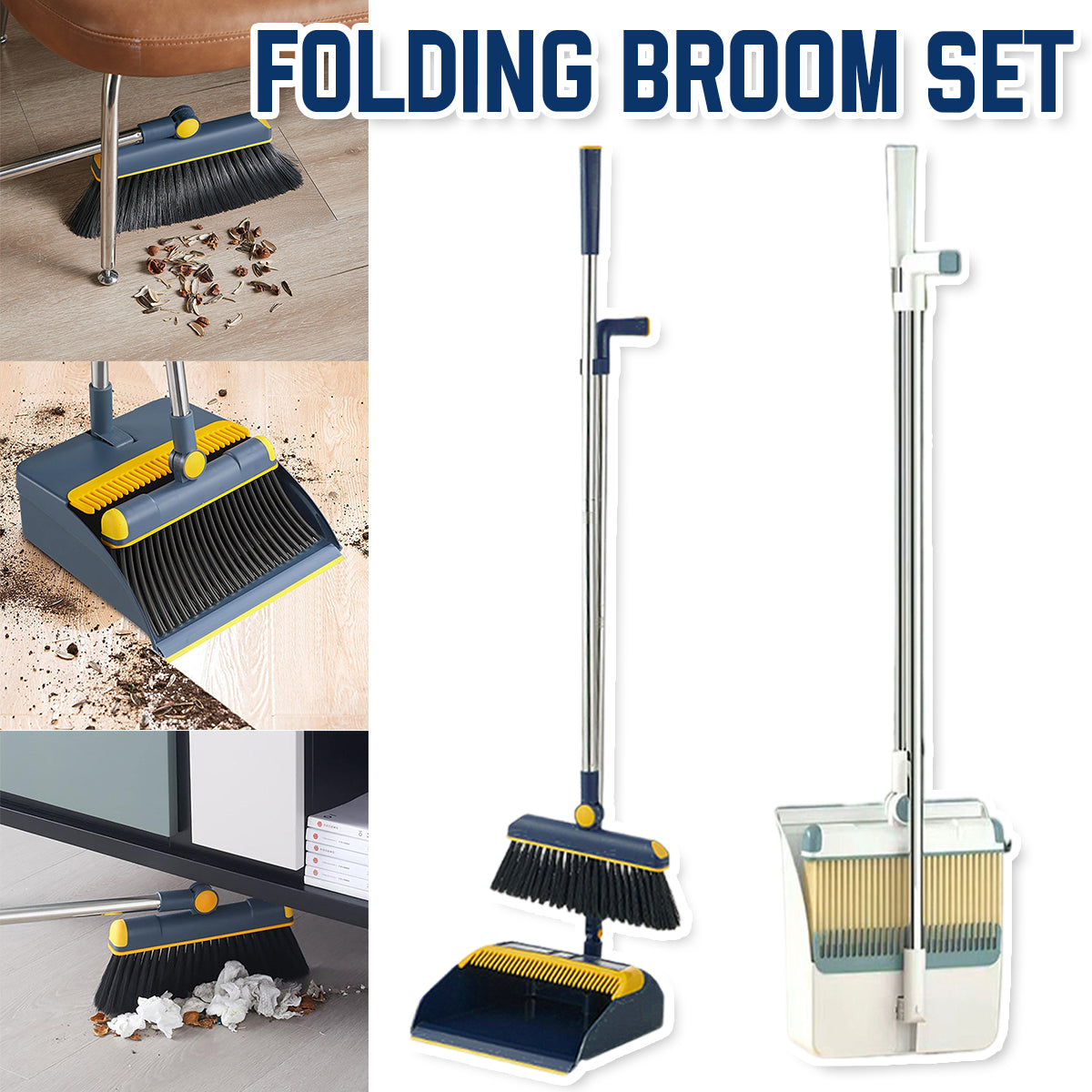Folding Broom and Dustpan Set Rotating Head Comb