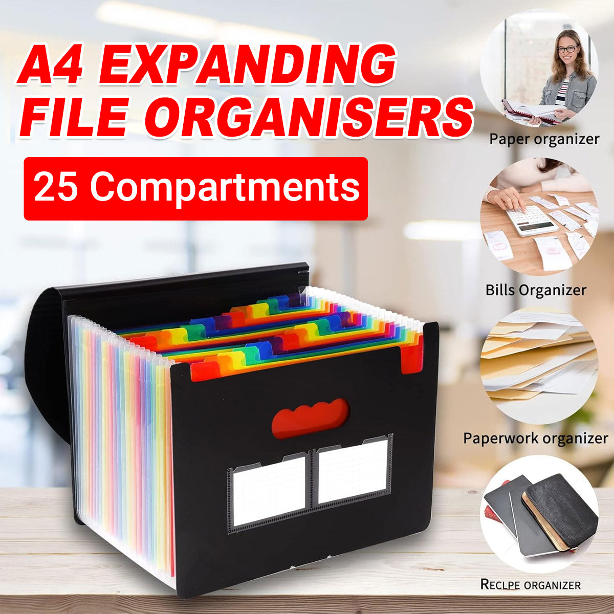 A4 Expanding File Organiser 25 Compartments with Handle