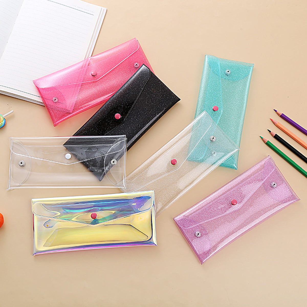 7 Pcs Transparent Pencil Bags PVC Snap Button Assorted Colours