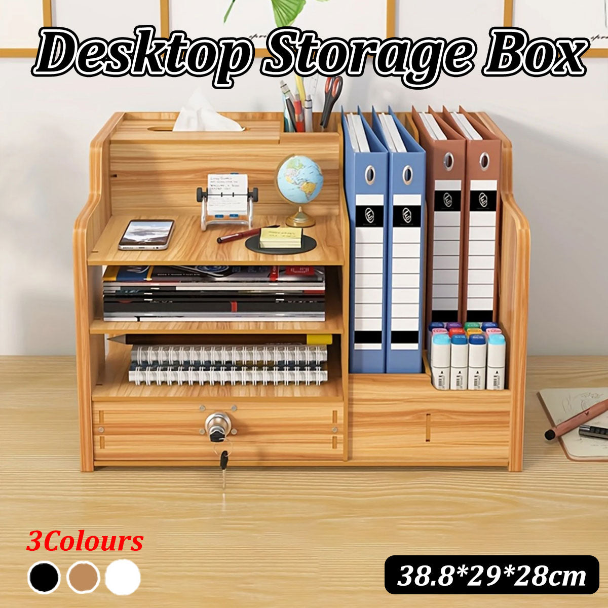 Wooden Desktop Organizer Locking Drawer File Slots