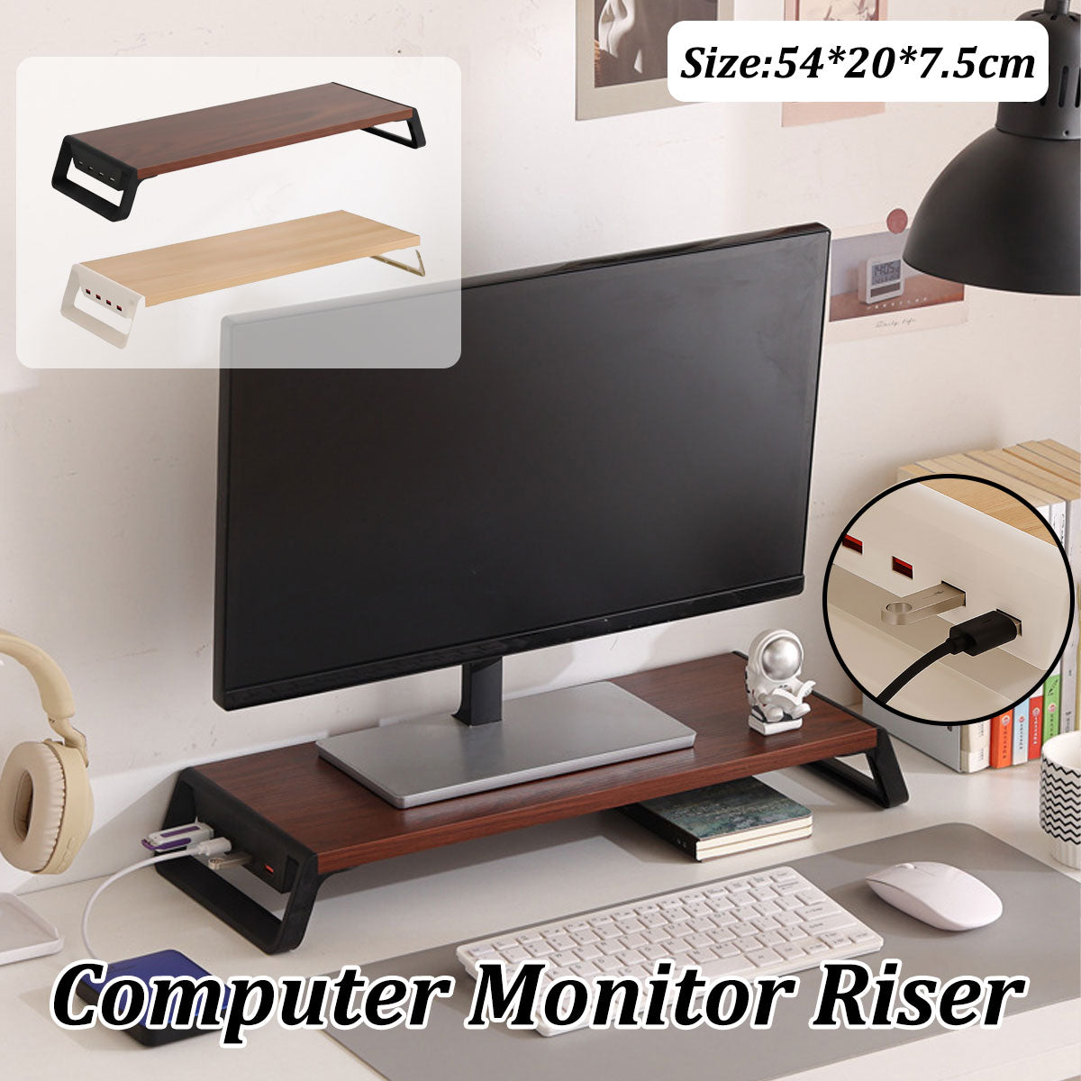 Bamboo Monitor Stand Riser with 4-Port USB Hub