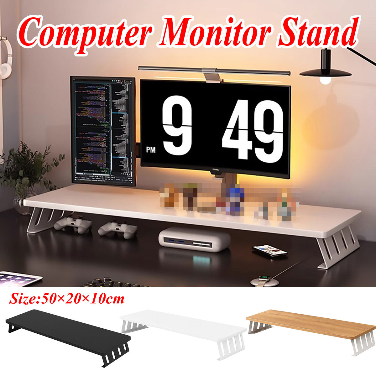 Monitor Riser Stand with Wood-Effect Top for Desk