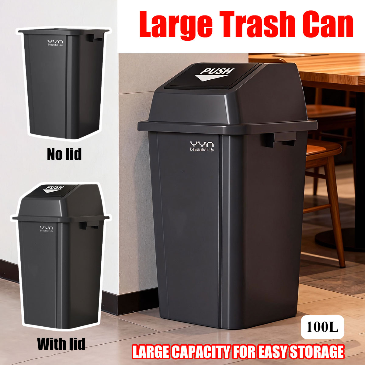 100L Square Trash Can with Handle and Lid Option