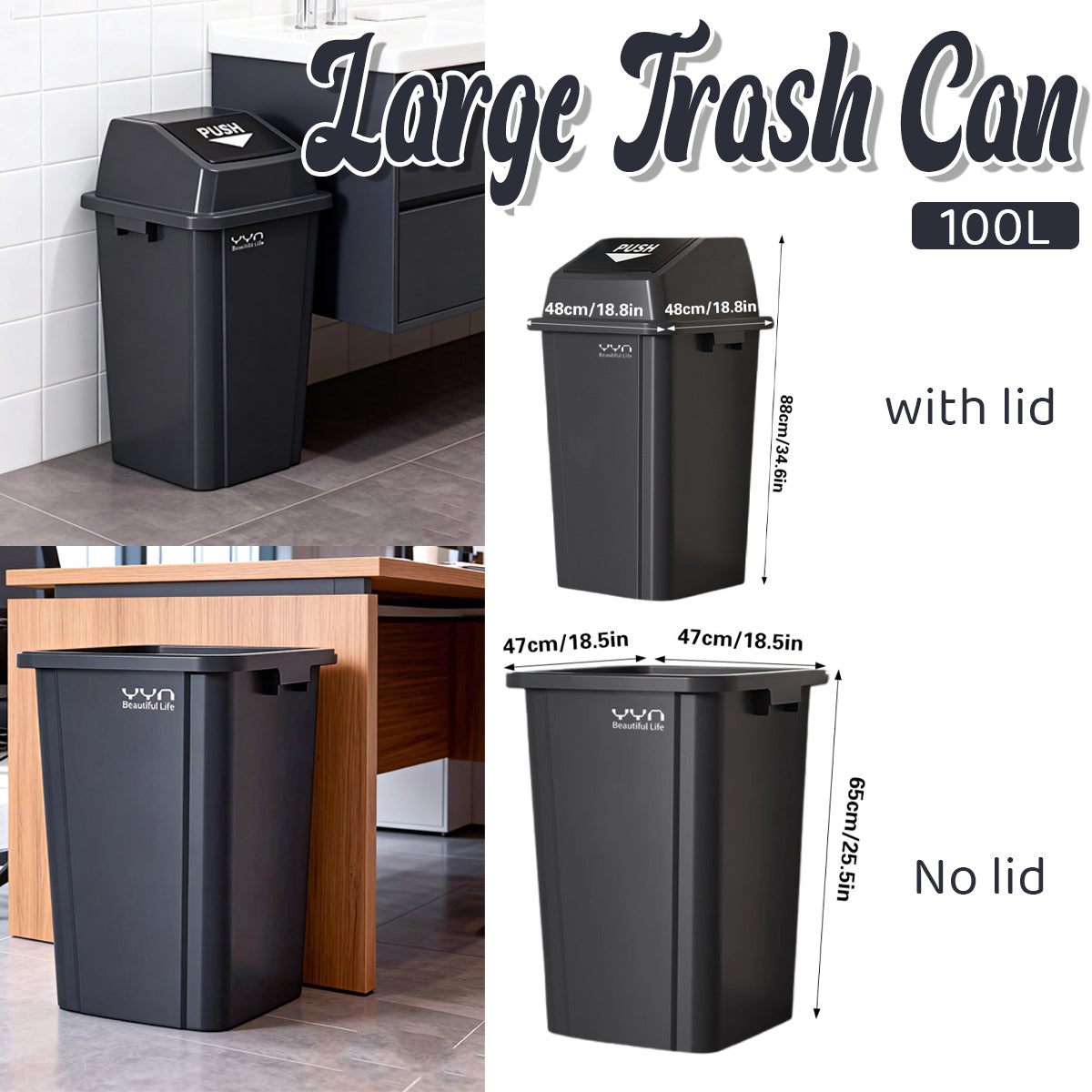 100L Square Trash Can with Handle and Lid Option