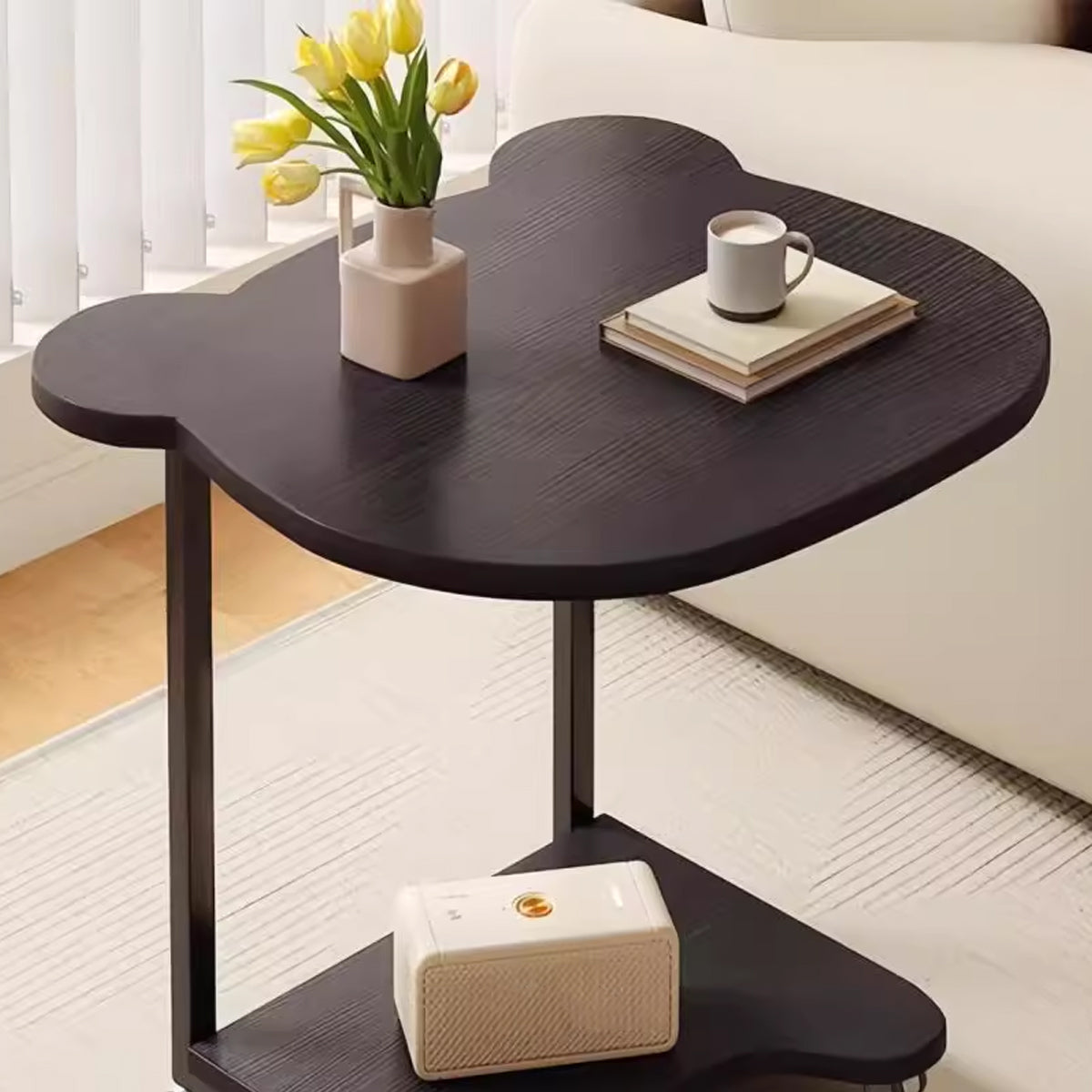 Black Mobile Side Table with Wheels Two Tier Storage Design