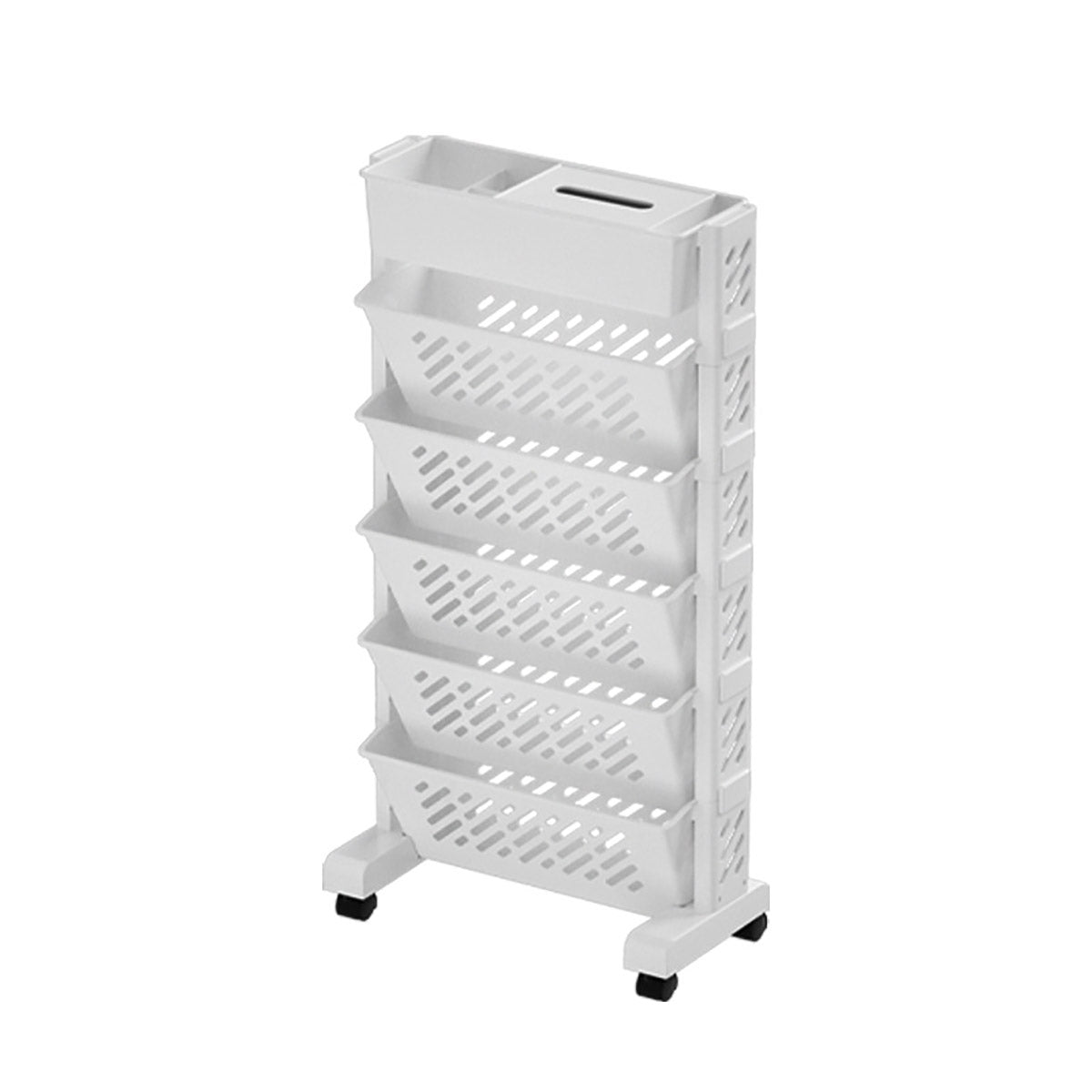 Six Tier Removable Bookshelf Organiser with Wheels White Plastic
