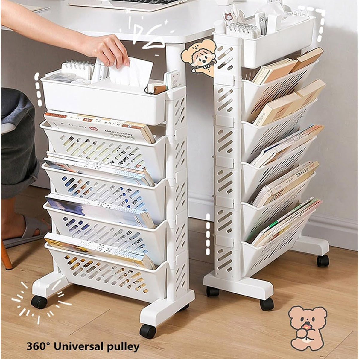 Six Tier Removable Bookshelf Organiser with Wheels White Plastic