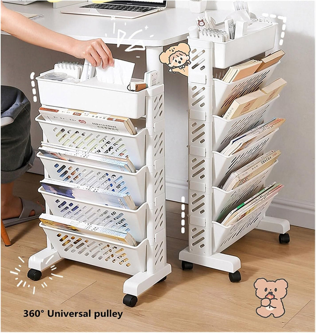 Six Tier Removable Bookshelf Organiser with Wheels White Plastic