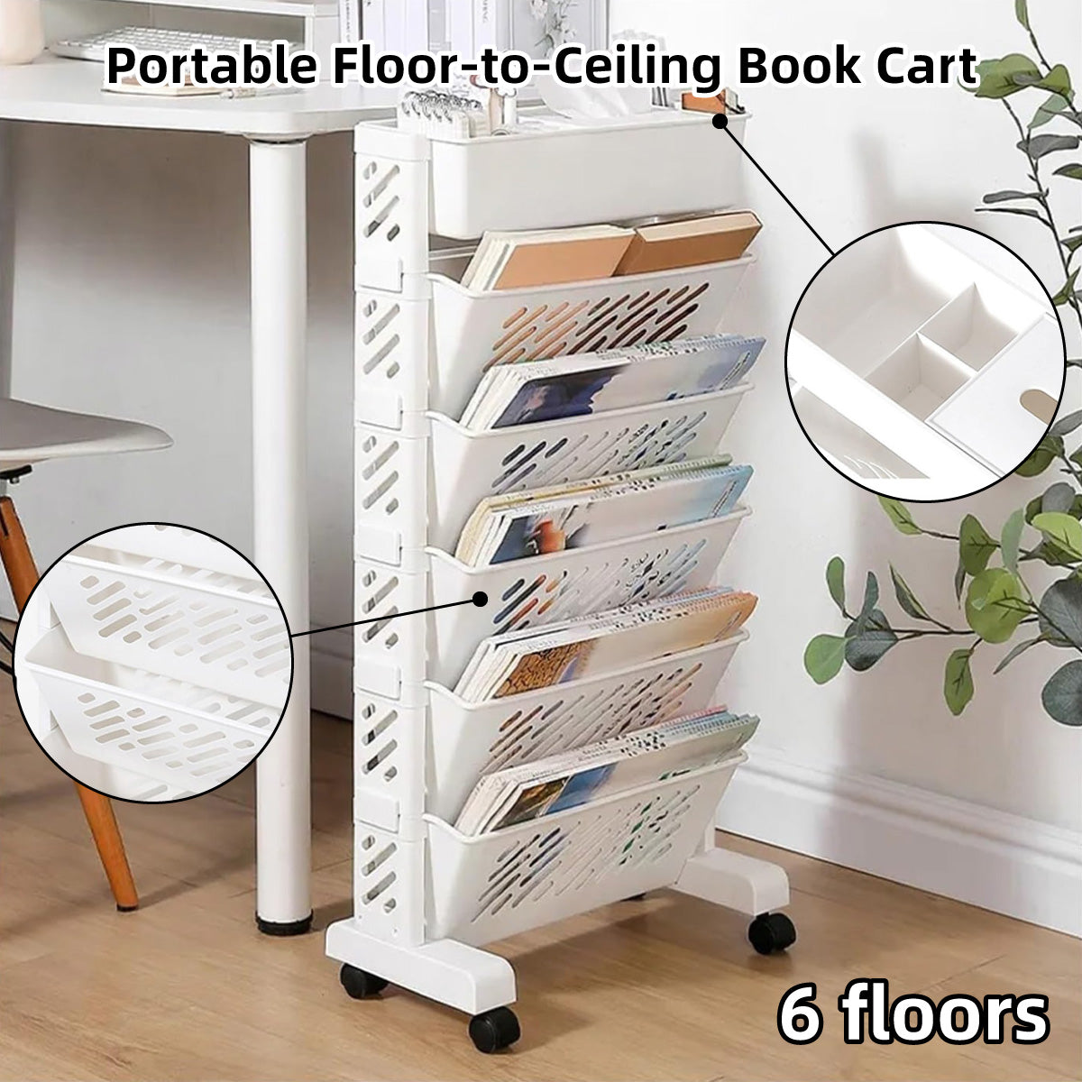 Six Tier Removable Bookshelf Organiser with Wheels White Plastic