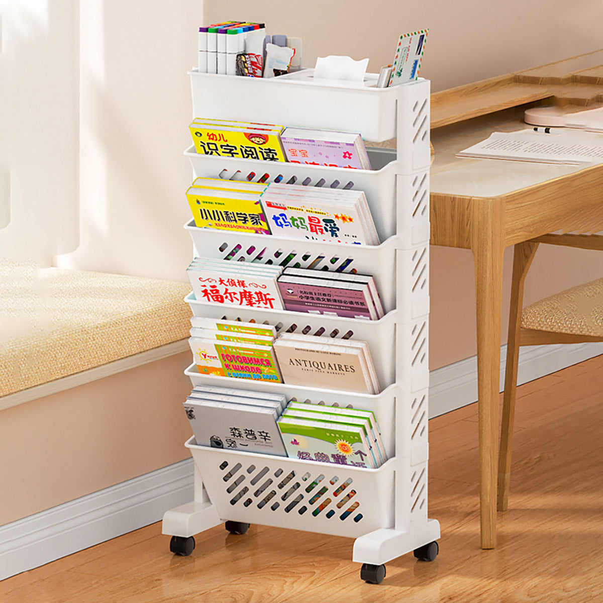 Six Tier Removable Bookshelf Organiser with Wheels White Plastic