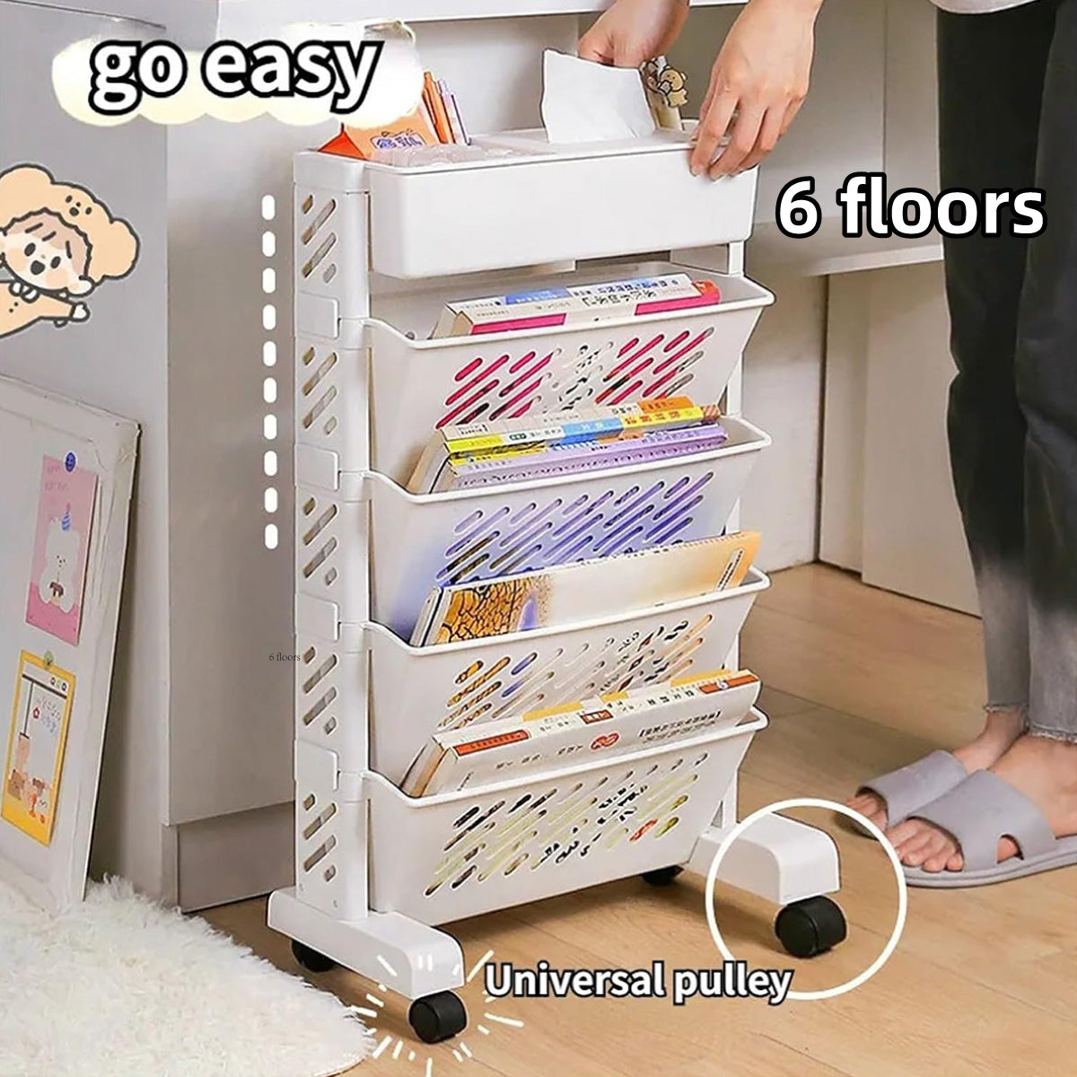 Six Tier Removable Bookshelf Organiser with Wheels White Plastic