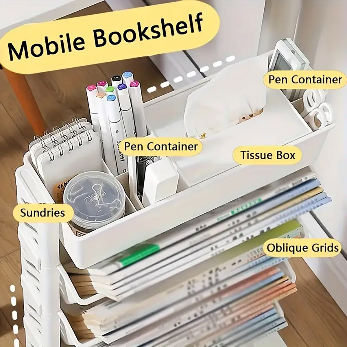 Six Tier Removable Bookshelf Organiser with Wheels White Plastic