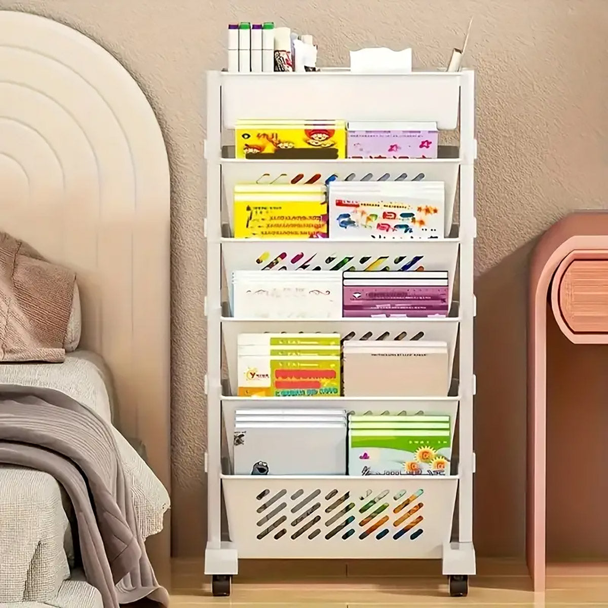Six Tier Removable Bookshelf Organiser with Wheels White Plastic
