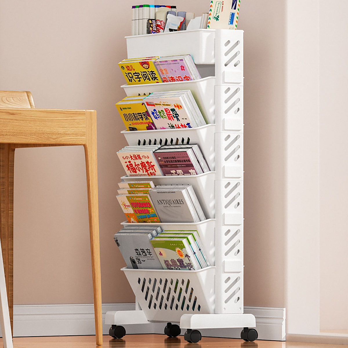 Six Tier Removable Bookshelf Organiser with Wheels White Plastic