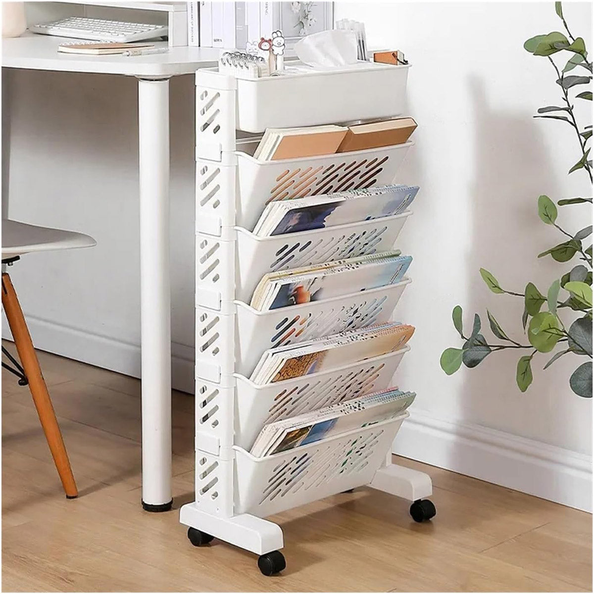 Six Tier Removable Bookshelf Organiser with Wheels White Plastic